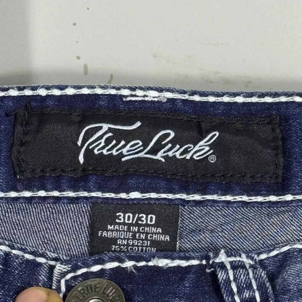 True Luck Mens Straight Leg‎ Jeans Blue Faded Denim Whisker 5-Pocket Size 30/30